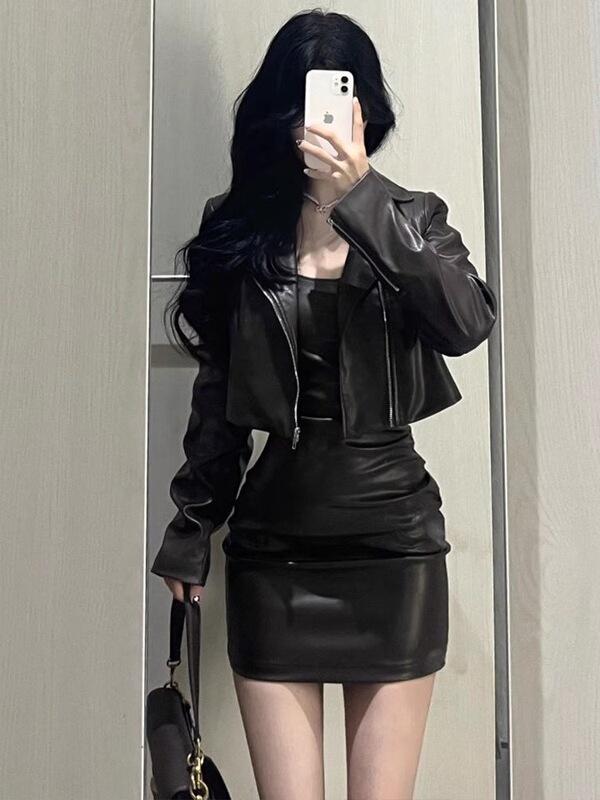 套装女2025秋季新款辣妹短款皮衣外套夹克吊带连衣裙显瘦包臀裙潮|undefined
