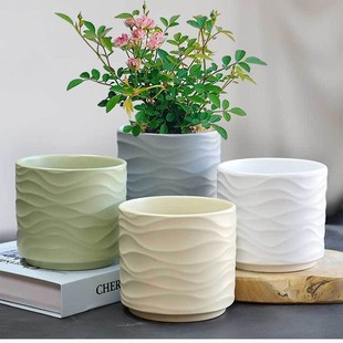 Ceramic Flower Pot New Style Corrugated Simple Flower Pot Large Medium Small with Tray Household Fleshy Phalaenopsis Diaenopsis Potted Plant Pot