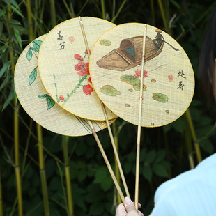 Bamboo Printed Fan Ancient Style Long Handle Hanfu Group Fan Pure Handmade Woven Fan National Style Waist Fan Green Fan Summer Pu Fan