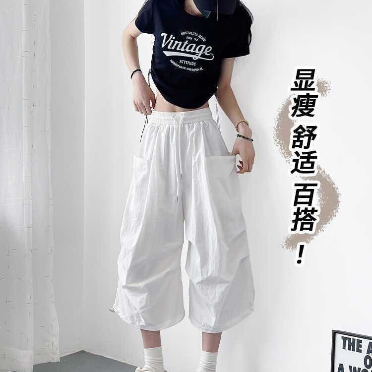 American Retro Style Cropped Pants Summer Women's Plus Size Hip-Hop Loose Parachute Workwear Pleated Straight Casual Pants American Retro Style Cropped Pants Summer Women's Plus Size Hip-Hop Loose Parachute Workwear Pleated Straight Casual Pants