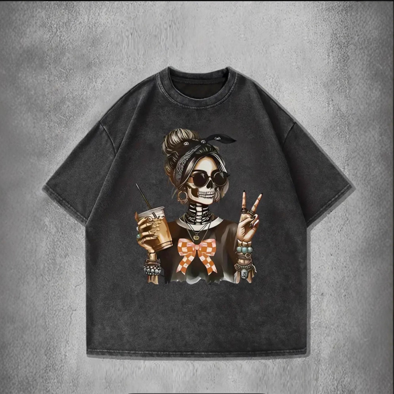 Skeleton Print Loose Short-Sleeved T-Shirt Rock American Dark Retro Wash