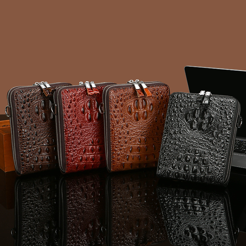 2025 Men's Export Crossbody Bag, Shoulder Bag, Double Zipper Crocodile Pattern Bag, Business Multi-Layer Commuter Bag, Large Capacity