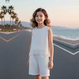 新款2026年休闲女童夏季白色流苏无袖背心裙套装法式温柔风