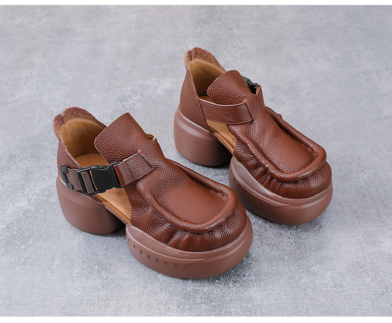 Sandal cao gót nữ quai ngang đế xốp dày da bò thật — Màu nâu chi tiết 13
