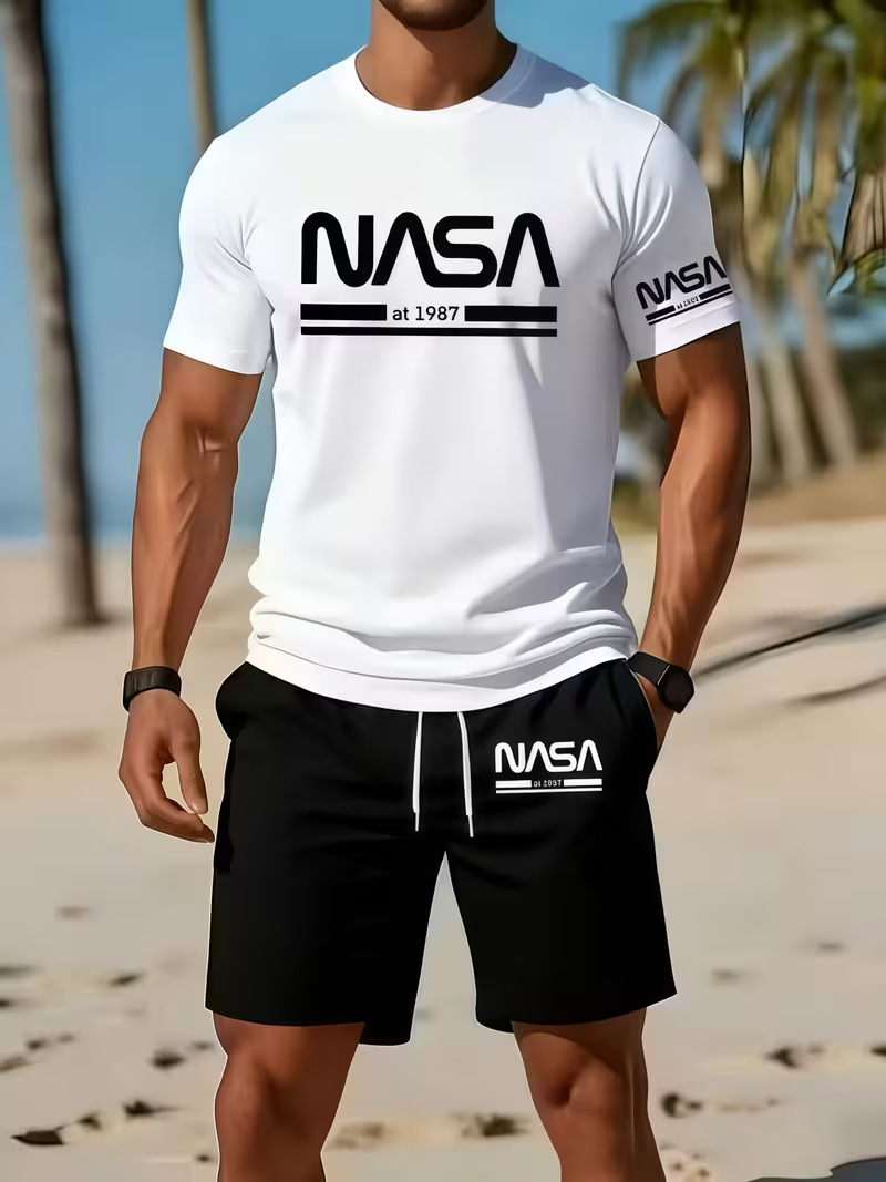 Men's 3D Print Short Sleeve T-Shirt & Shorts Set, Trendy Summer Casual Outfit, Lightweight Breathable Sportswear_viptrois.com
