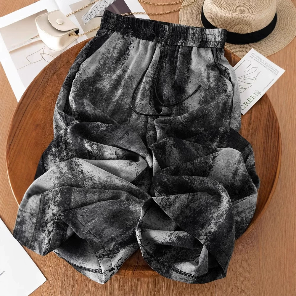 Широкие брюки из ледяного шелка в китайском стиле с рисунком тушью для женщин, лето 2025, новые летние легкие и прохладные брюки, прямые брюки с атласным принтом