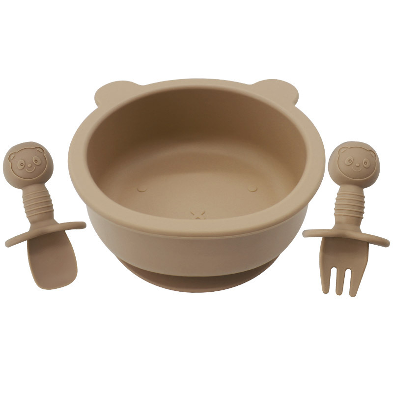 Oso para niños Tazón tenedor de silicona cuchara alimentos complementarios vajilla de alimentación resistente a las caídas suministros maternos e infantiles tazón de silicona dibujos animados oso Tazón