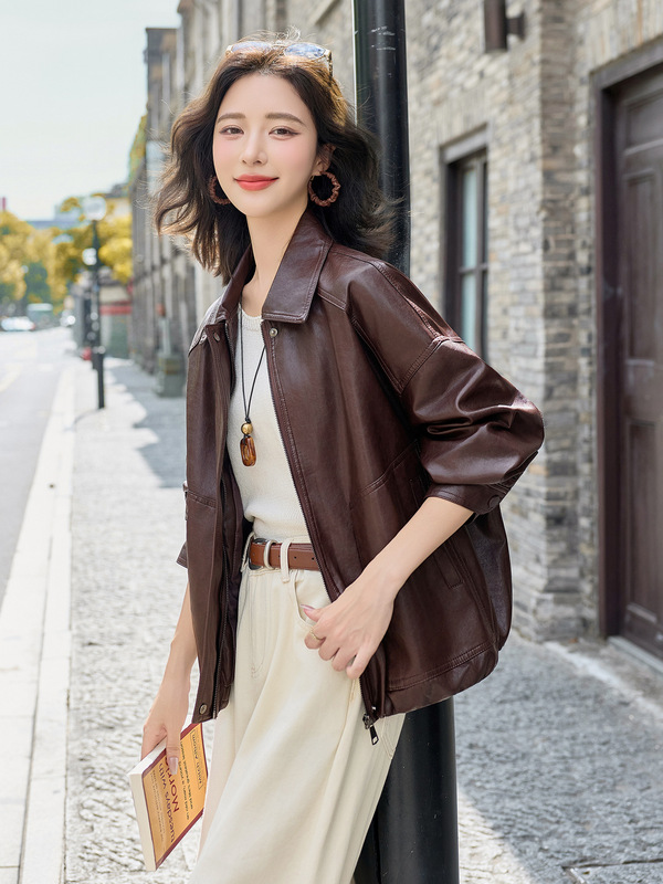 女装女式皮衣2025秋季新款女士翻领时尚百搭PUY皮夹克外套YB3575|undefined