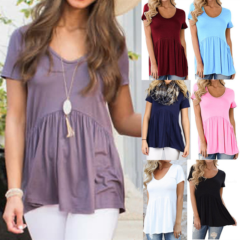 European and American Foreign Trade Maternity Tops, Women's Amazon Summer Patchwork Ruched U-Neck Short-Sleeve T-Shirt