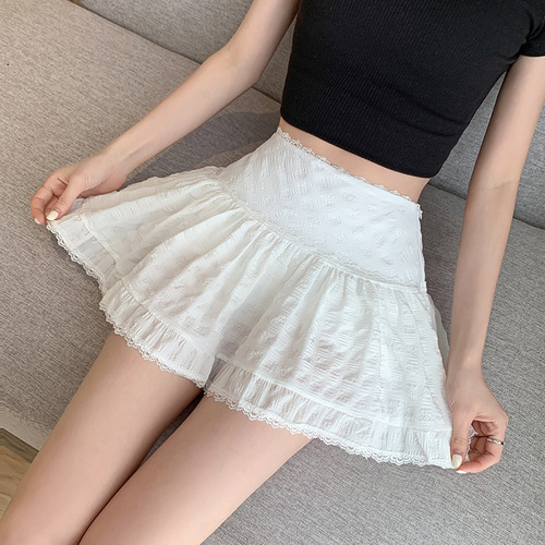 Ballet-style white lace half skirt for women, 2025 summer versatile high-waist A-line half skirt, small size fluffy short skirt