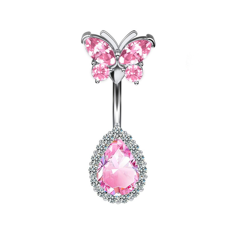 Piercing de nombril en acier inoxydable papillon et zircon rose_voghion.com