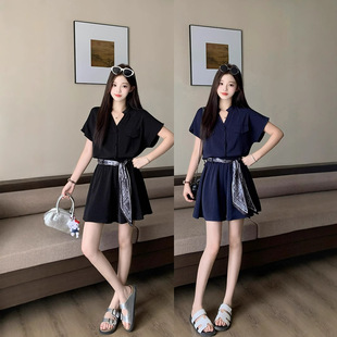 2025 New Summer Clothes for Fat mm Plus Size Feminine Fashionable V-Neck Short-Sleeved Shirt with Ribbon Shorts Suit
