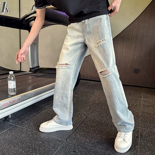 水洗复古破洞牛仔裤男士夏季薄乞丐裤直筒裤春秋休闲裤通勤长裤子
