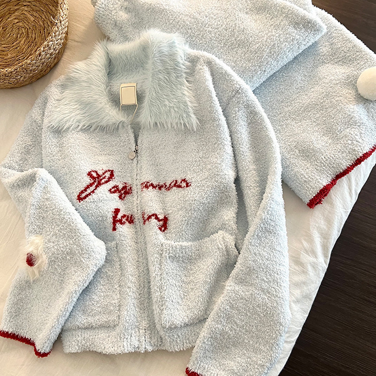 韩版甜美蓝色毛绒翻领半边绒睡衣女秋冬新款保暖加厚家居服两件套