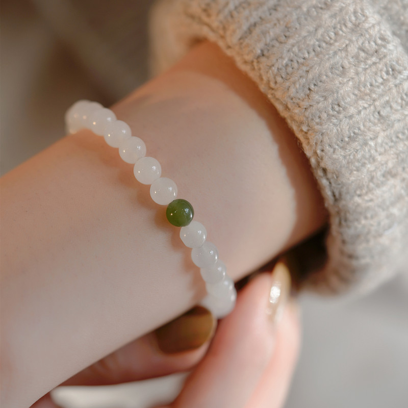 Hetian Jade Bracelet Single Circle 6mm Hetian White Jade with Jasper Single Bead Women's Simple Small Fresh Jewelry