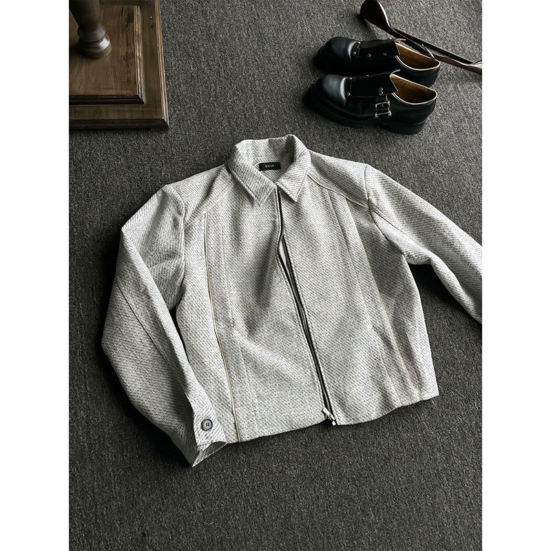 American Retro Woven Tweed Small Fragrance Jacket Men's Autum High-End Cleanfit Zipper Short Jacket