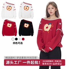 2025秋季新款美式复古苹果刺绣斜肩卫衣女宽松休闲百搭辣妹款上衣