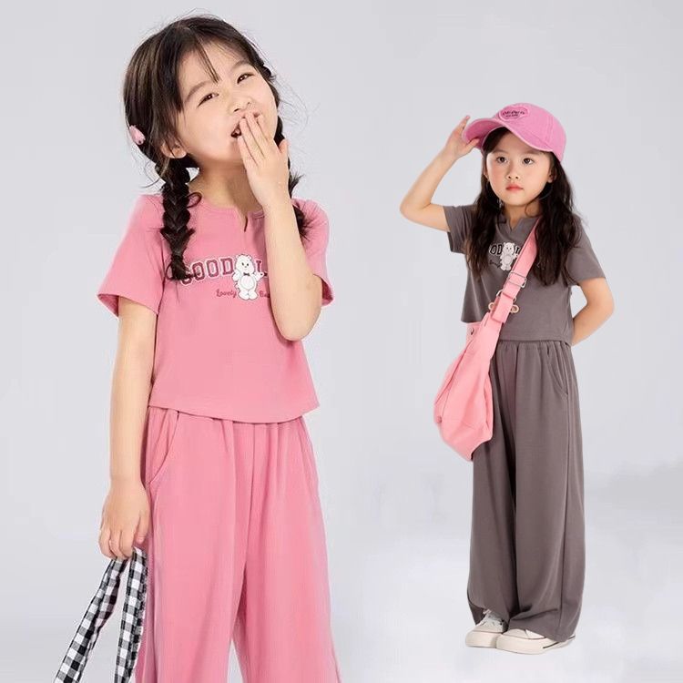 Girls Summer Wide-Leg Pants Suit 2025 New Medium and Large Children Cartoon Short-Sleeved T-Shirt Pants Korean Style Two-Piece Trendy Set