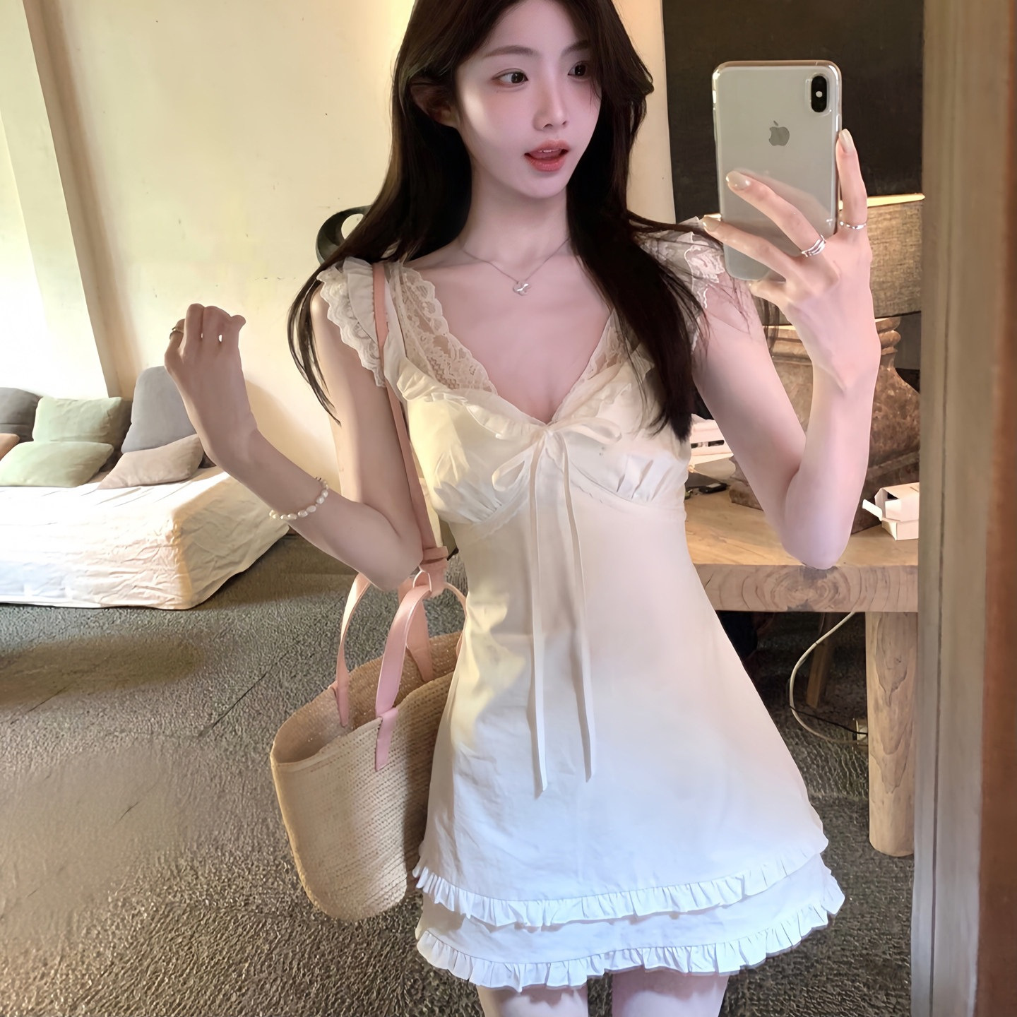 Original Design First Love White Dress, Ruffled White Spaghetti Strap Dress, Short Style for Women, High-End French Style Fairy Dress