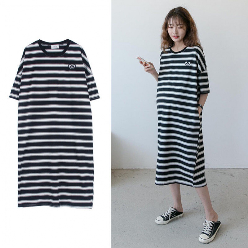 Pregnant Women's Spring and Summer Clothes Western Style Cotton Top Clothes Pregnant Women's Dress Fashionable Striped Loose Trendy Mom's T-shirt Skirt Pregnant Women's Spring and Summer Clothes Western Style Cotton Top Clothes Pregnant Women's Dress Fashionable Striped Loose Trendy Mom's T-shirt Skirt