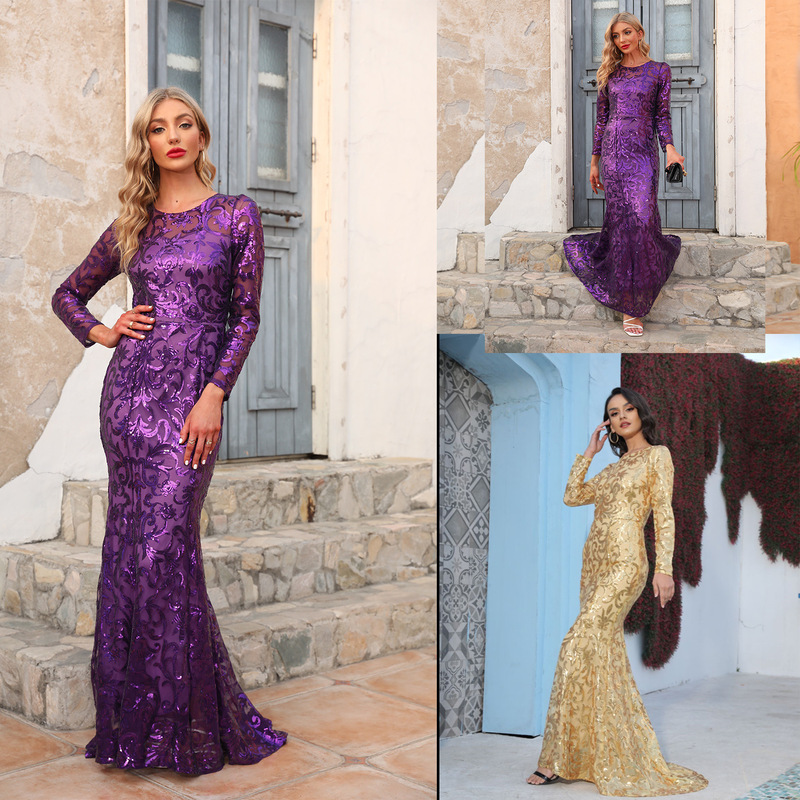 2022 Spring and Autumn Sequin Gown Purple Round Neck Elegant Long Evening Gown Amazon Hot Long Sleeve Gown