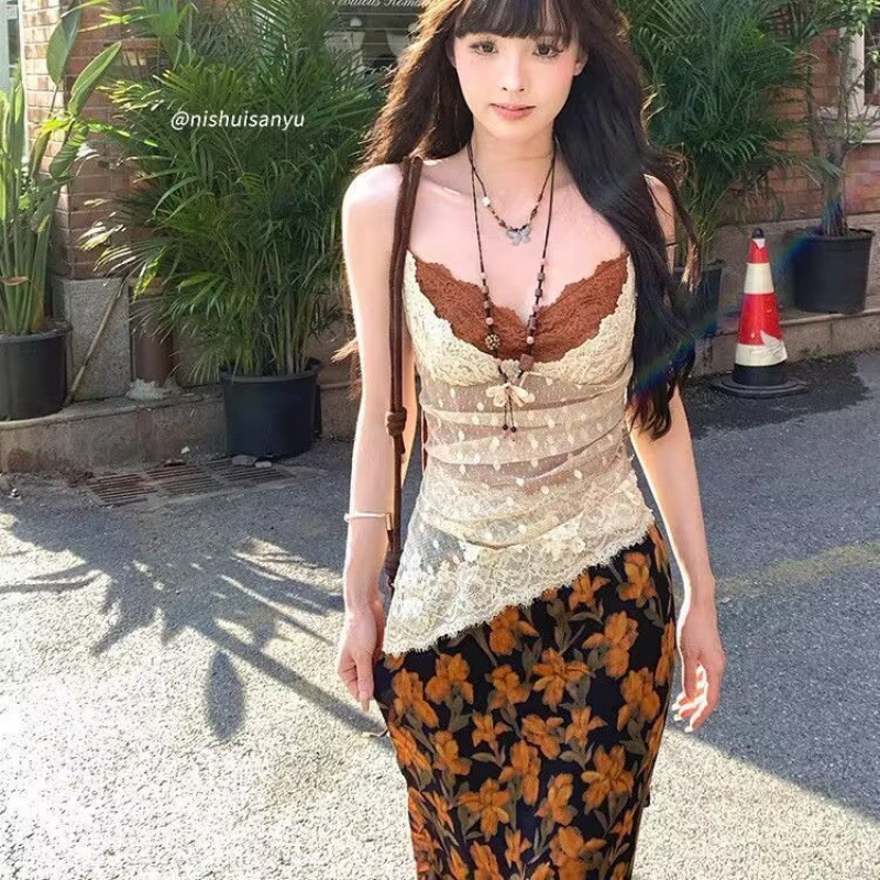 紫色连衣裙女夏季穿搭特别漂亮掐腰裙长裙外搭蕾丝上衣两件套显瘦|undefined