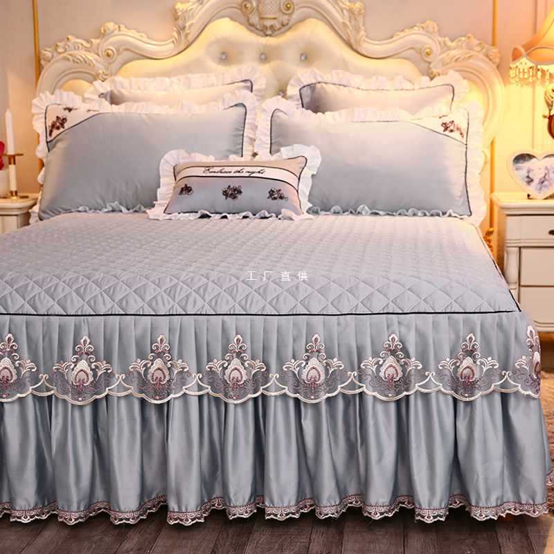 W9R纯色韩版夹棉床裙单件裙式床罩蕾丝花边加厚1.5米1.8x2.0床套