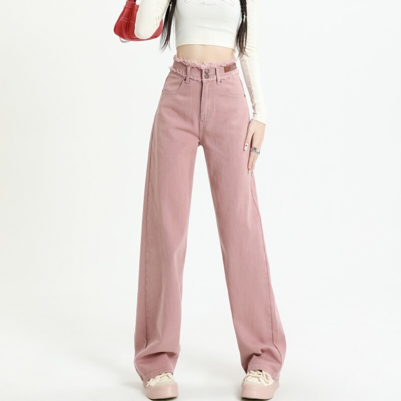 2025 Autumn and Winter Trendy New Style Wide-Leg Jeans with Double-Button Waist and Raw Edge Design, Loose and Slimming, Fresh and Girly