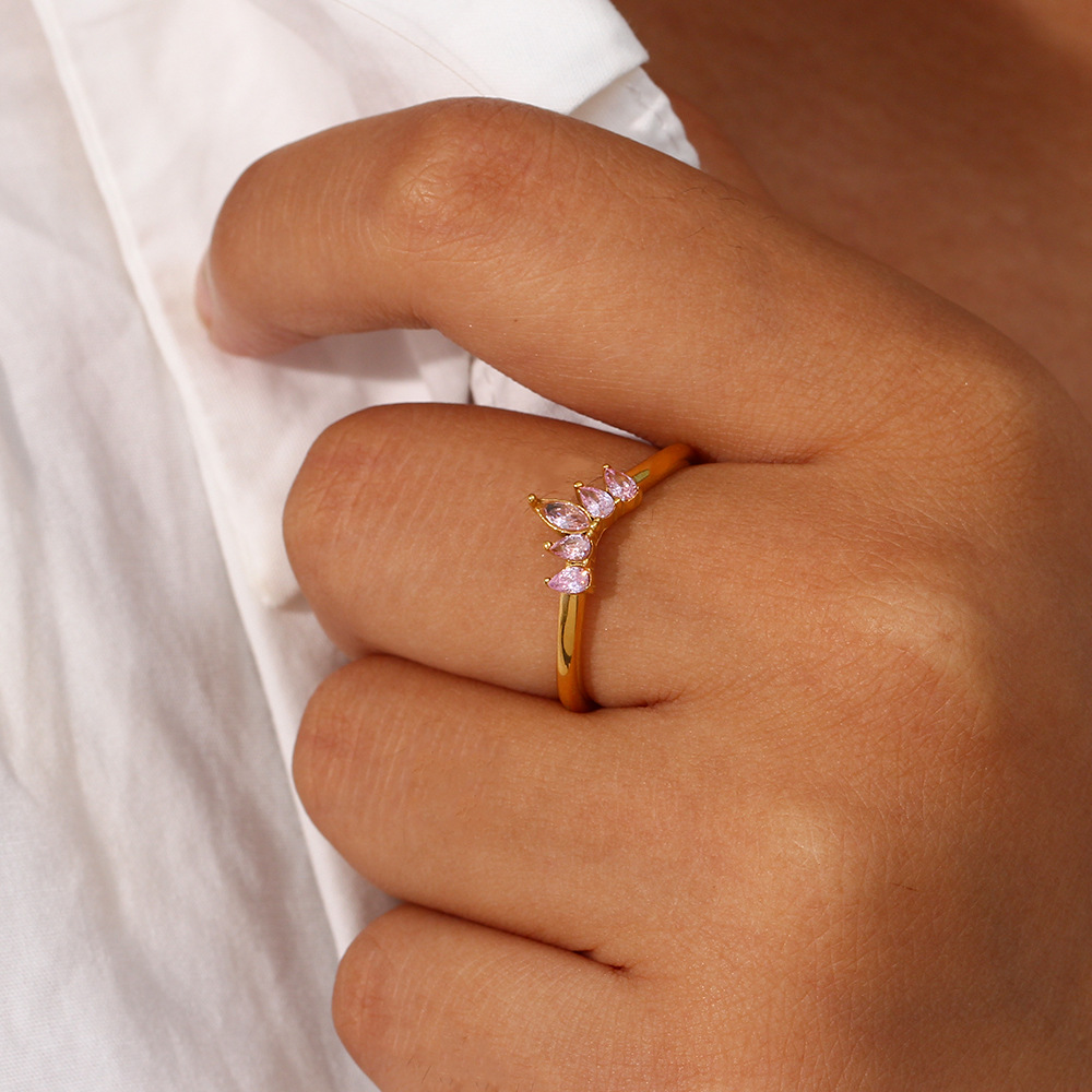 Fashion Crown Stainless Steel Plating Inlay Zircon Open Ring 1 Piece