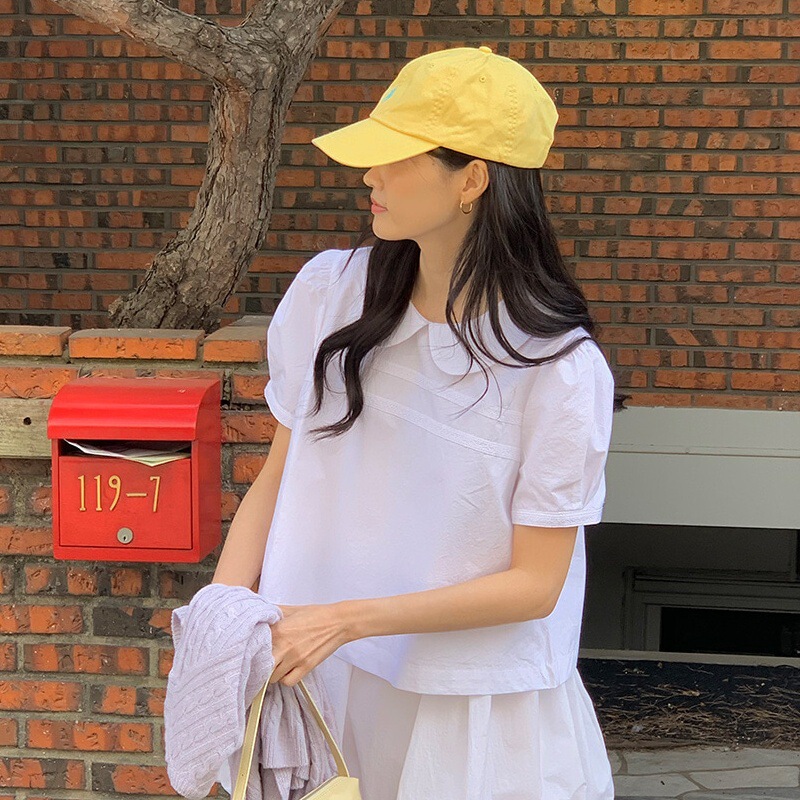 Korean Chic Girly Style Doll Collar Youthful Sweet Chic Lace Short-Sleeve Shirt Top in 2 Colors Korean Chic Girly Style Doll Collar Youthful Sweet Chic Lace Short-Sleeve Shirt Top in 2 Colors