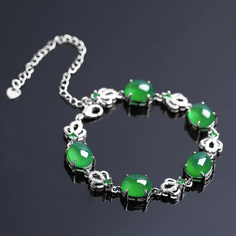 Agate emerald silver bracelet jade, stone inlay, 2021 collection