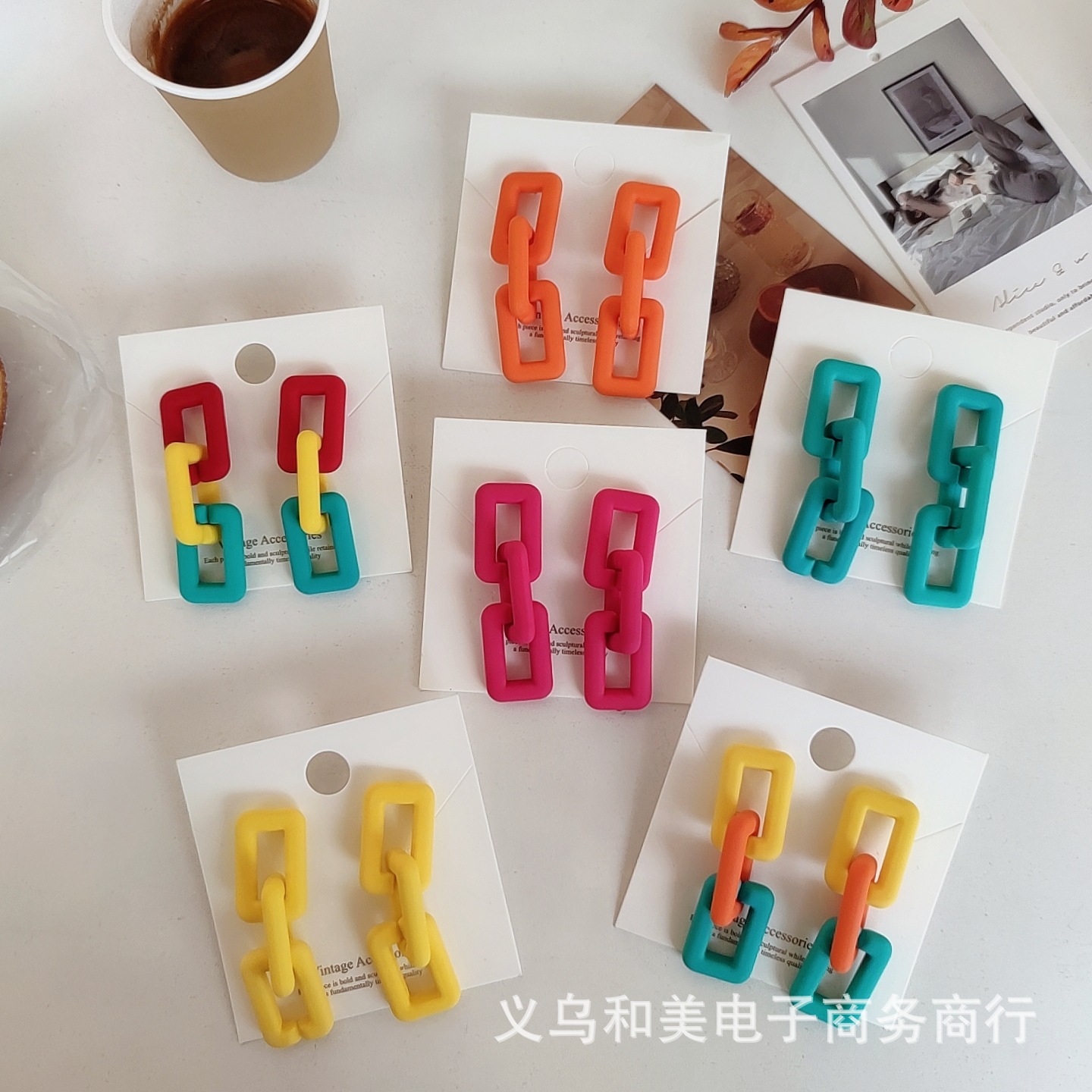 [New style] Net popular ins spring and summer color frosted square chain earrings earrings European and American long exaggerated earrings