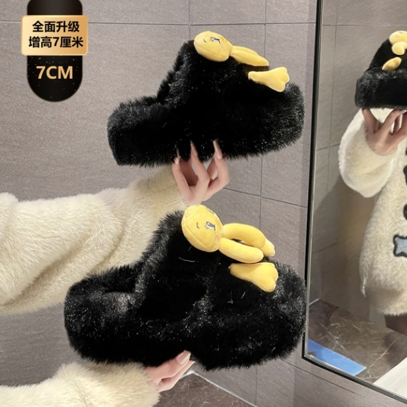 女性用7CM厚底身長増加ファーフロップスリッパ、2025秋冬新作漫画カエルホームコットンスリッパ|undefined