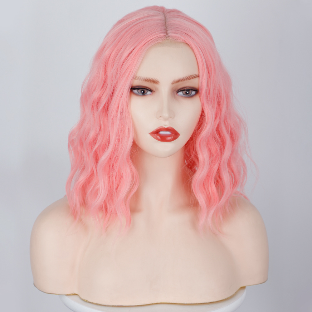 Juuksepikendused ja parukad Parukas naistele, esiosa pitsparukas, keskmise lahkuminekuga väikesed pitsilised triibud, veelaviinid, lühikesed lokkis juuksed, keemilisest kiust peakattega parukad_voghion.com