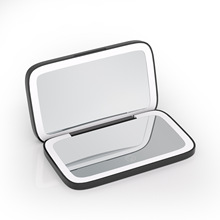 亚马逊手持led化妆镜子带灯随身便携双面灯三色光发光镜工厂批发