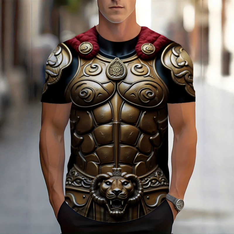 Retro Ancient Roman Golden Lion Head Armor 3D Printed Men's Round Neck Loose Short Sleeve T-Shirt Retro Ancient Roman Golden Lion Head Armor 3D Printed Men's Round Neck Loose Short Sleeve T-Shirt
