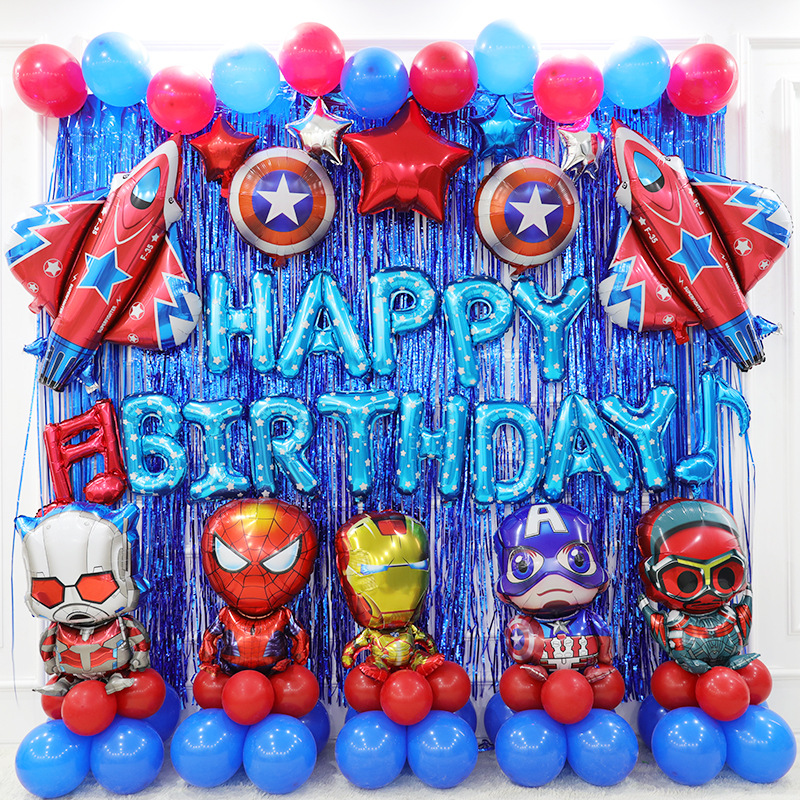 Luxurious Captain America Marvel Birthday Themed Decorative Balloons Boy's First Birthday Balloons Rain Silk Background Wall