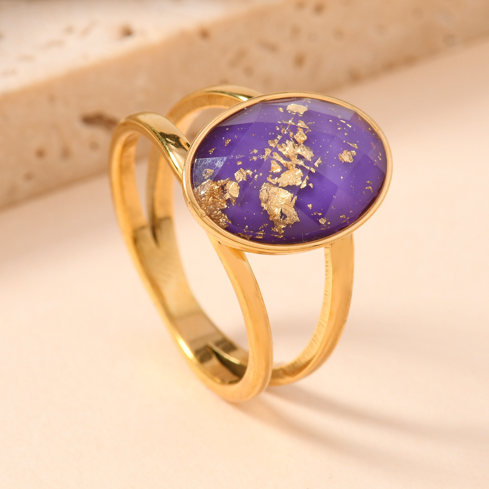 Joyas de acero inoxidable de moda europeas y americanas lujosas cortes de gota de oro óleo colorido anillo de titanio elíptico anillo de piedra preciosa
