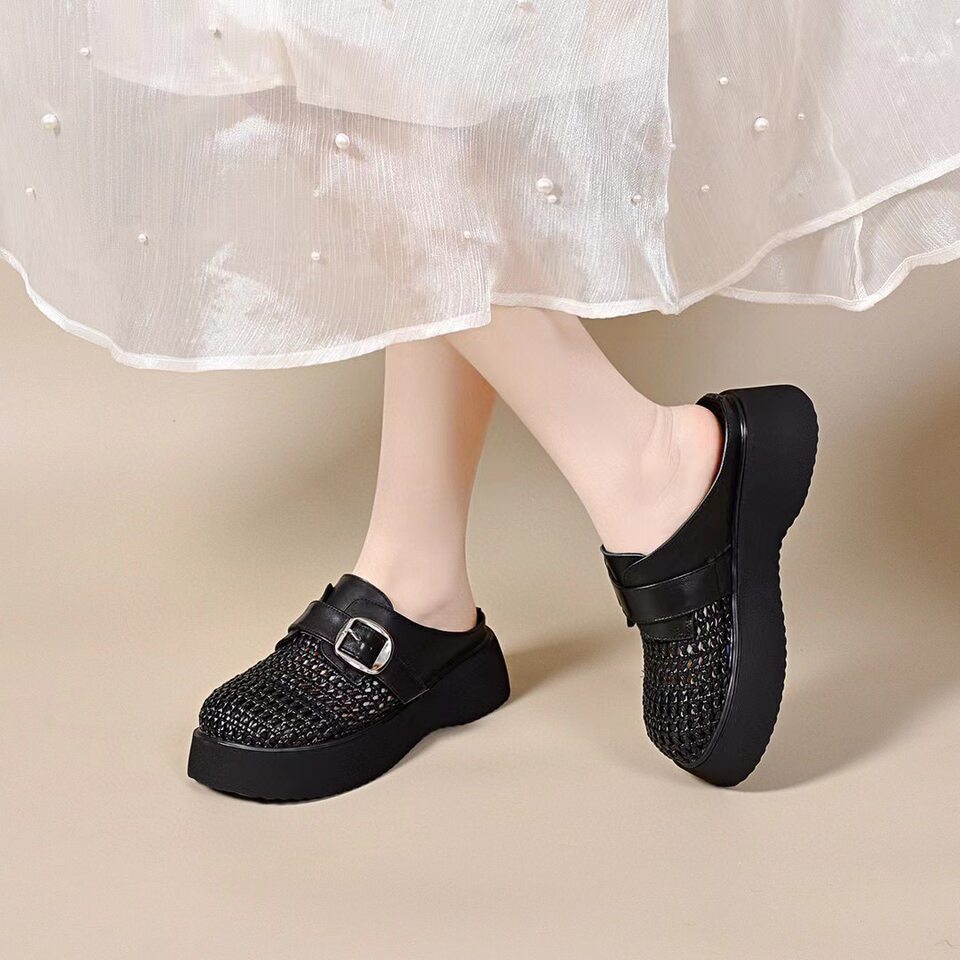 Dép nữ đế dày mũi kín khoét lỗ da thật kiểu Birkenstock — đen chi tiết 4