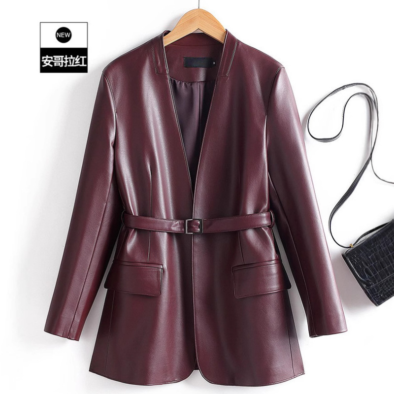 2025 Spring and Autumn New Genuine Leather Jacket for Women, Mid-Length Small Suit Style with Belted Waist, Sheepskin Windbreaker Coat