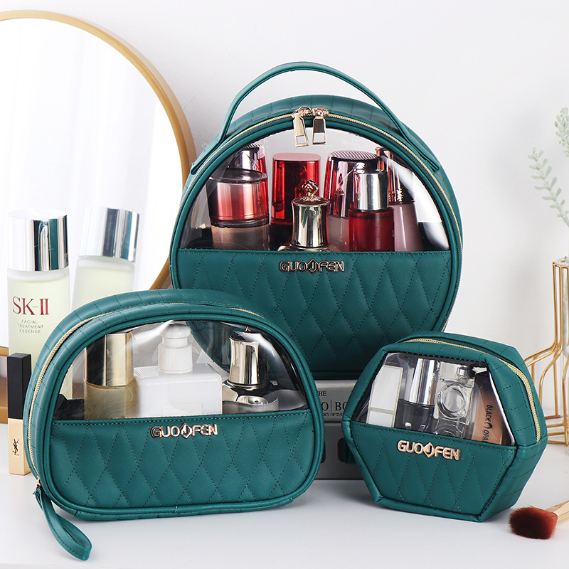 大容量菱形格化妆包女手提旅行化妆品收纳包半透明PU皮防水洗漱包