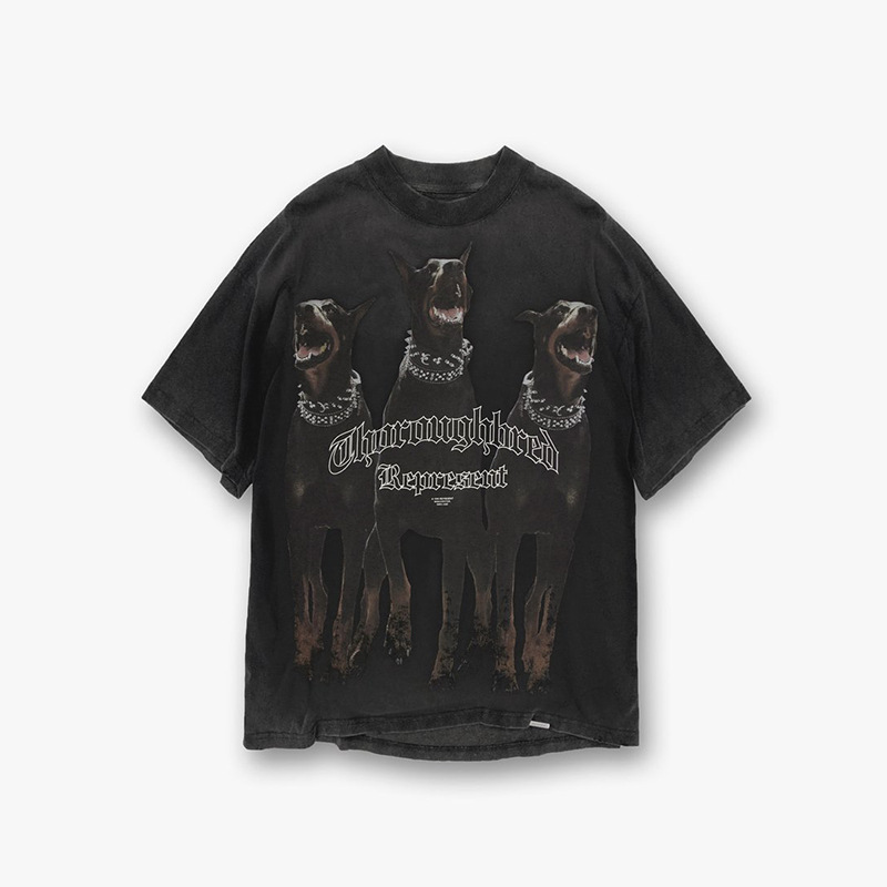 Cross-border REPRESENT negro Doberman impreso apenado High Street hombres Sueltos Mujeres pareja de manga corta Camiseta de la marca de moda