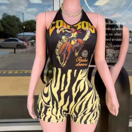 欧美性感辣妹印花连体裤女高弹修身无袖紧身短裤街头潮人Jumpsuit