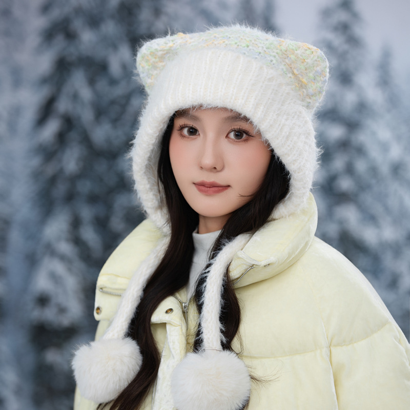 冬季帽子女款系带针织帽加绒加厚防寒毛线帽百搭保暖帽兔毛包头帽|undefined