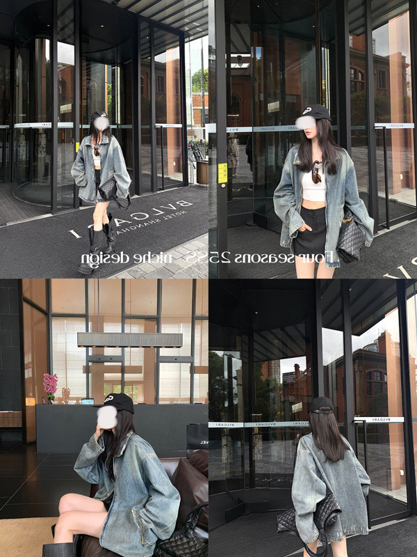 区区欧阳 做旧磨破牛仔外套女秋季新款休闲宽松美式复古夹克上衣|undefined