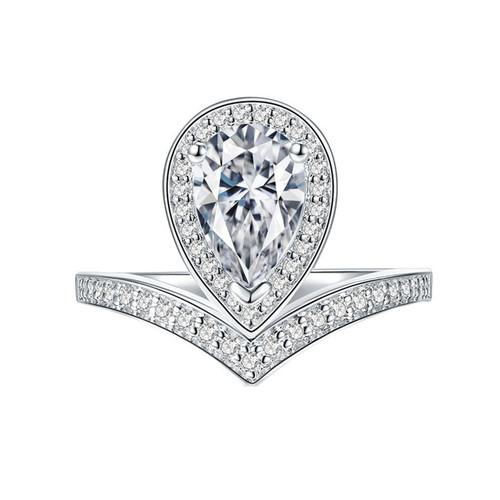 Fashion Mosaic Diamond Crown Waterdrop V Ring Sea Blue Pure Silver Diamond Ring Engagement Gift Light Luxury Women's Ring