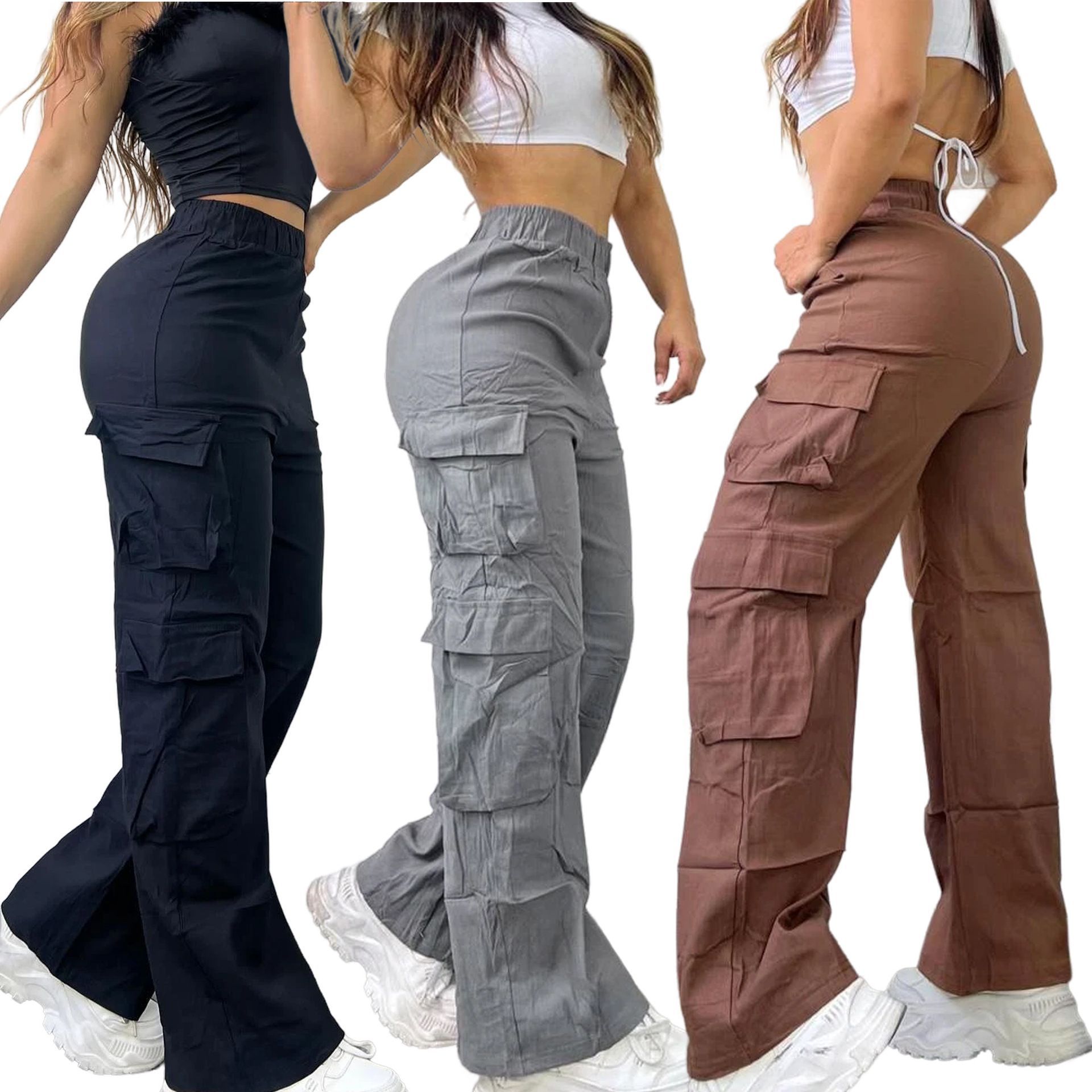 Amazon Temu Cross-Border European and American Clothing New Hot Girl High-Waisted Wide-Leg Pants Multi-Pocket Casual Pants Cargo Pants