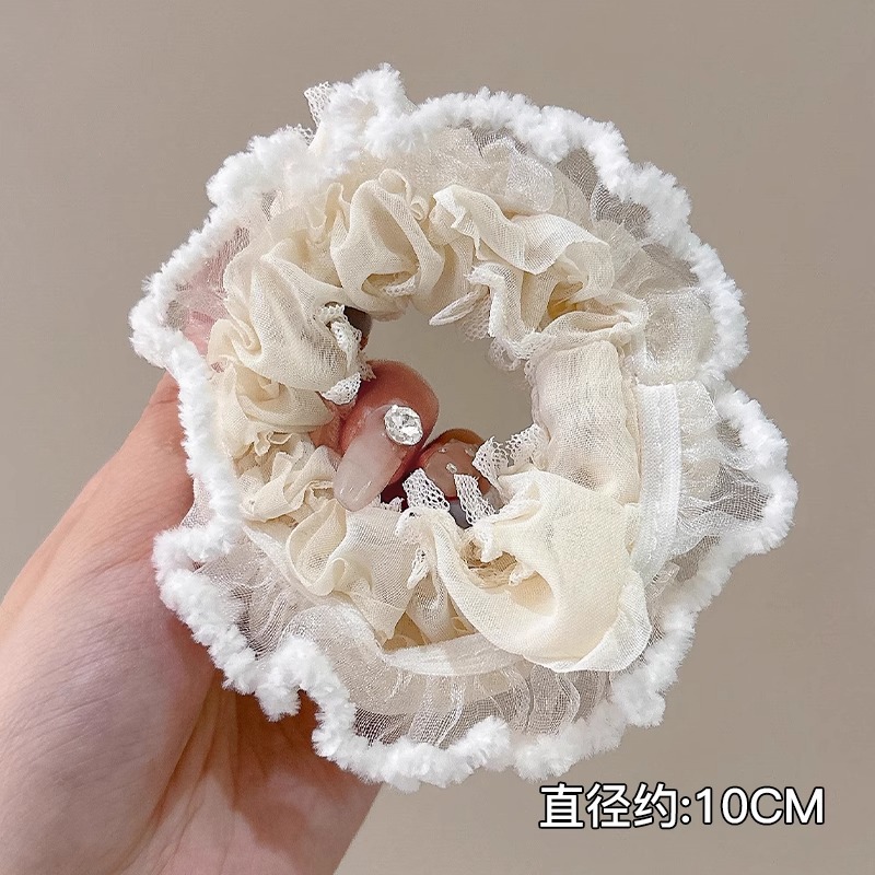 Anillo de pelo de intestino grueso súper grande coreano para mujer 2025 nuevo estilo de alta gama cordón de pelo de encaje plisado temperamento dulce cuerda de cabeza de flor