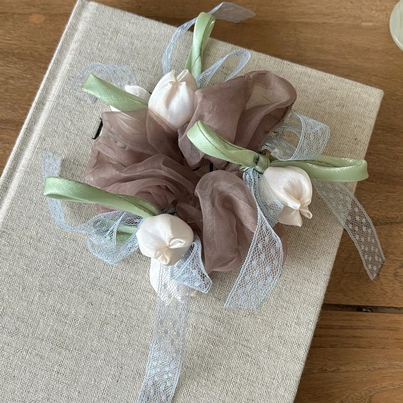 58# brown gauze off-white tulip lace bow hair tie