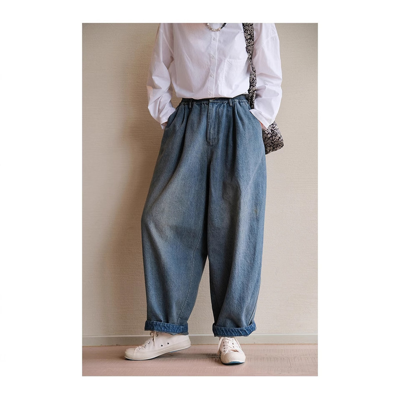 Original 2025 Spring Hemp Cotton Twill Denim Fermented Washed Slimming Retro Literary Loose Carrot Pants Jeans
